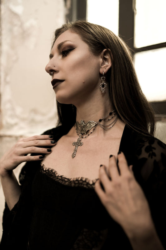 The Bell Tower - Gothic bat and cross necklace