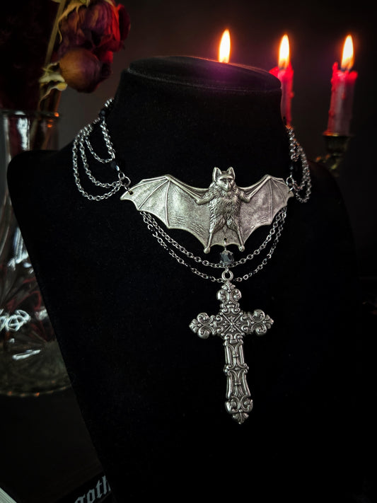 The Bell Tower - Gothic bat and cross necklace