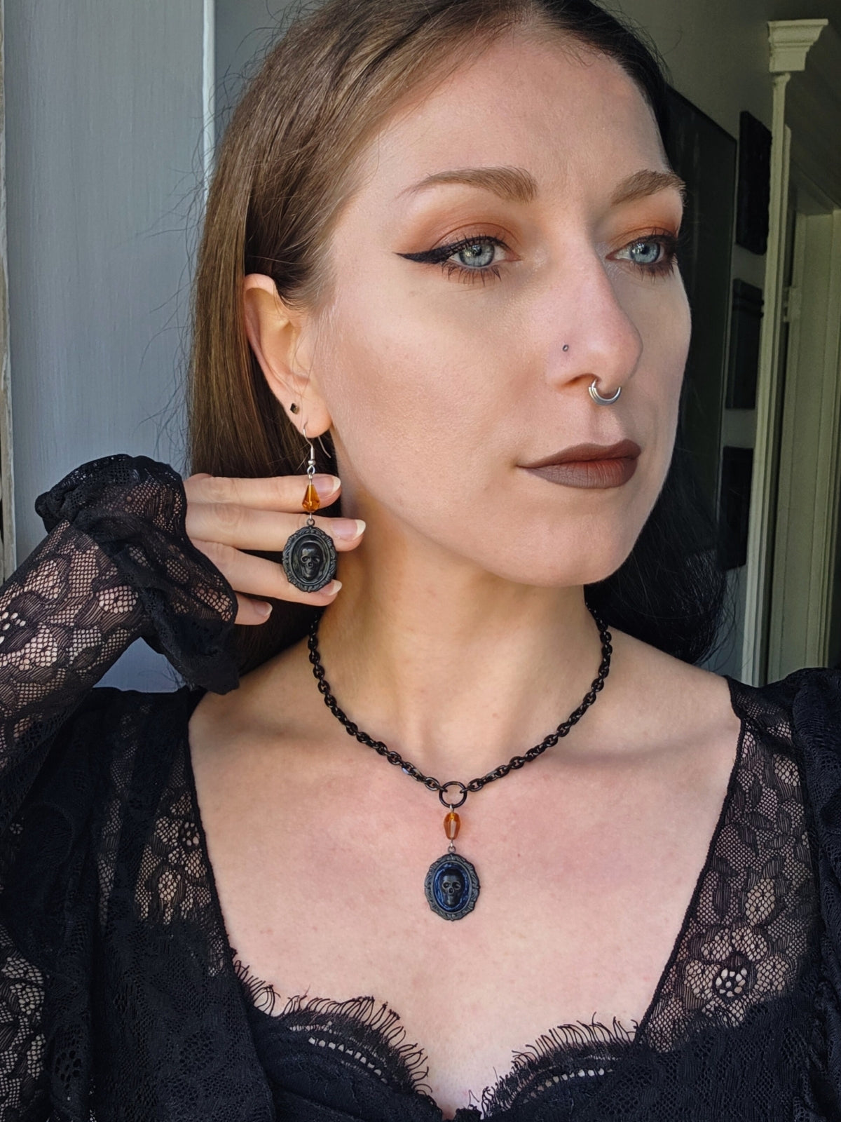 Black skull cameo necklace
