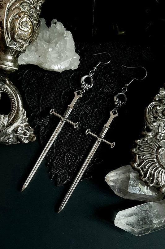 Gothic silver Cross hoop crystals earrings