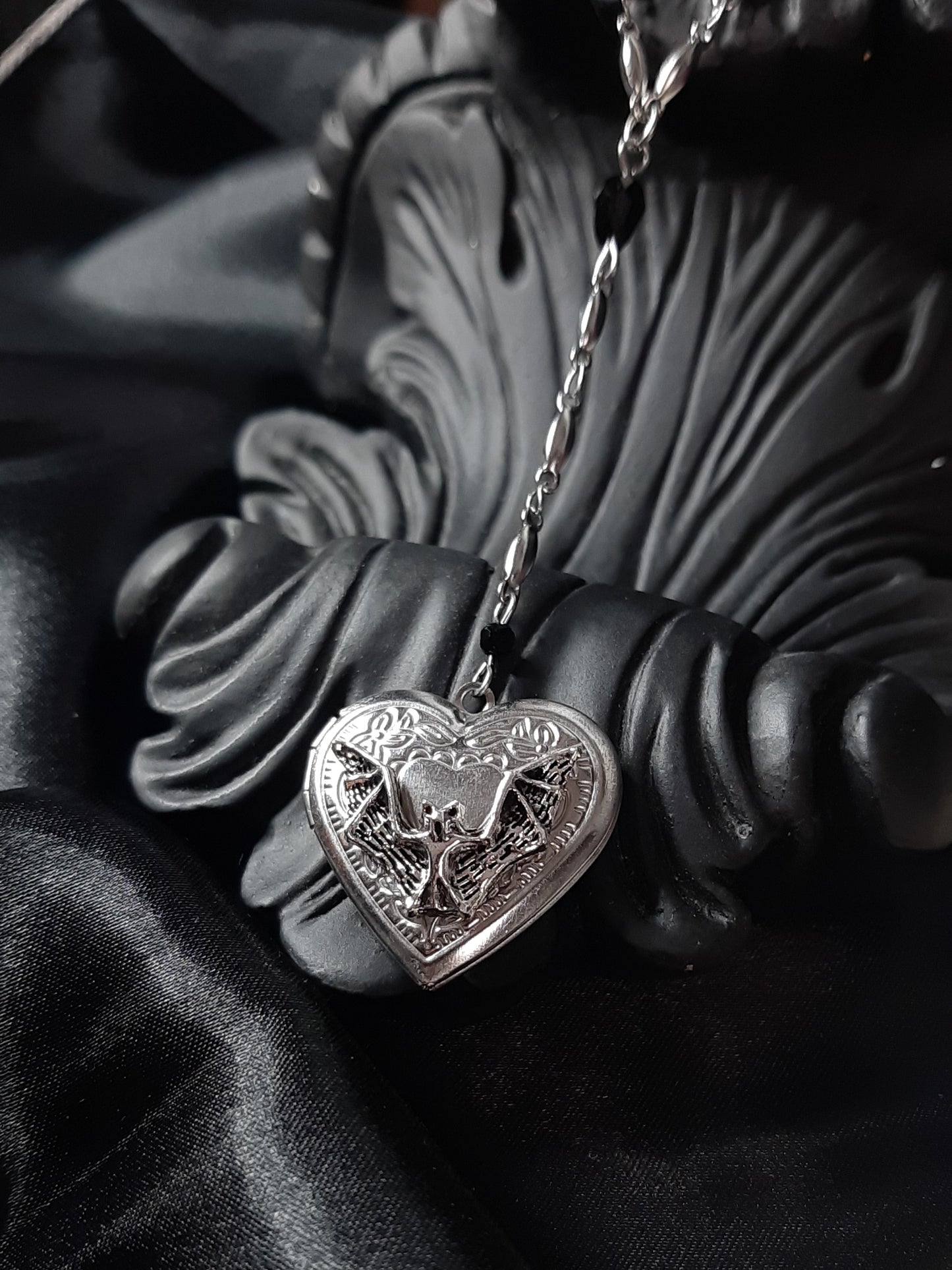 Bat heart locket necklace