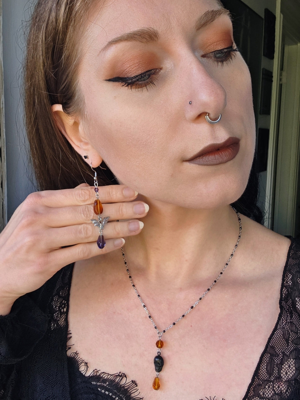 Purple orange bat earrings
