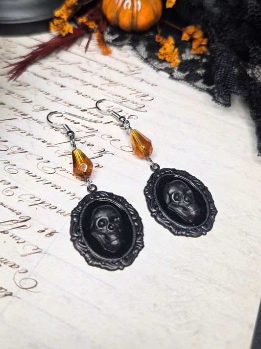 Black skull cameo earrings