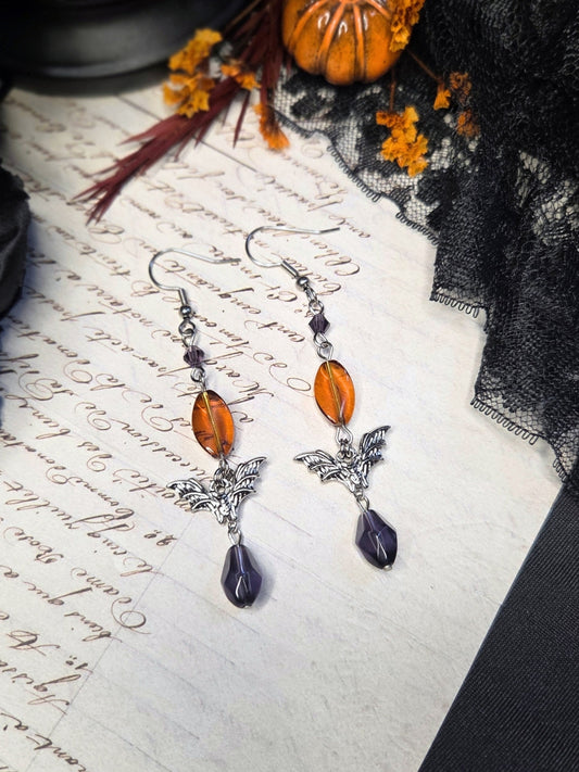 Purple orange bat earrings