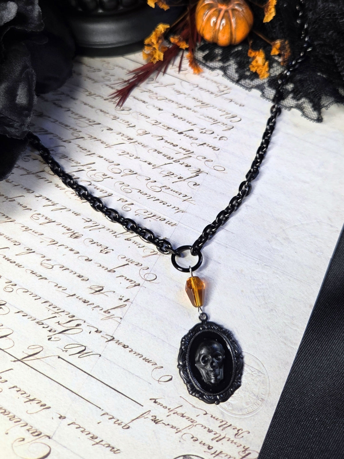 Black skull cameo necklace