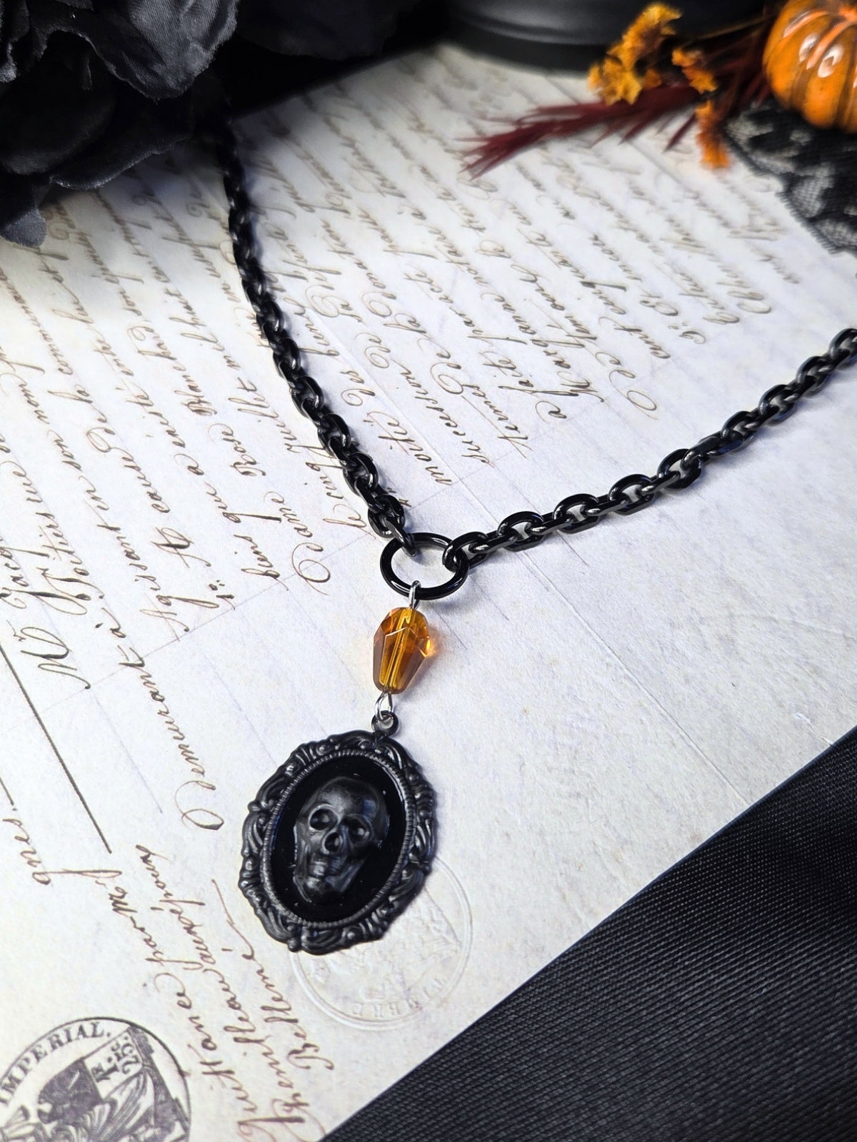 Black skull cameo necklace