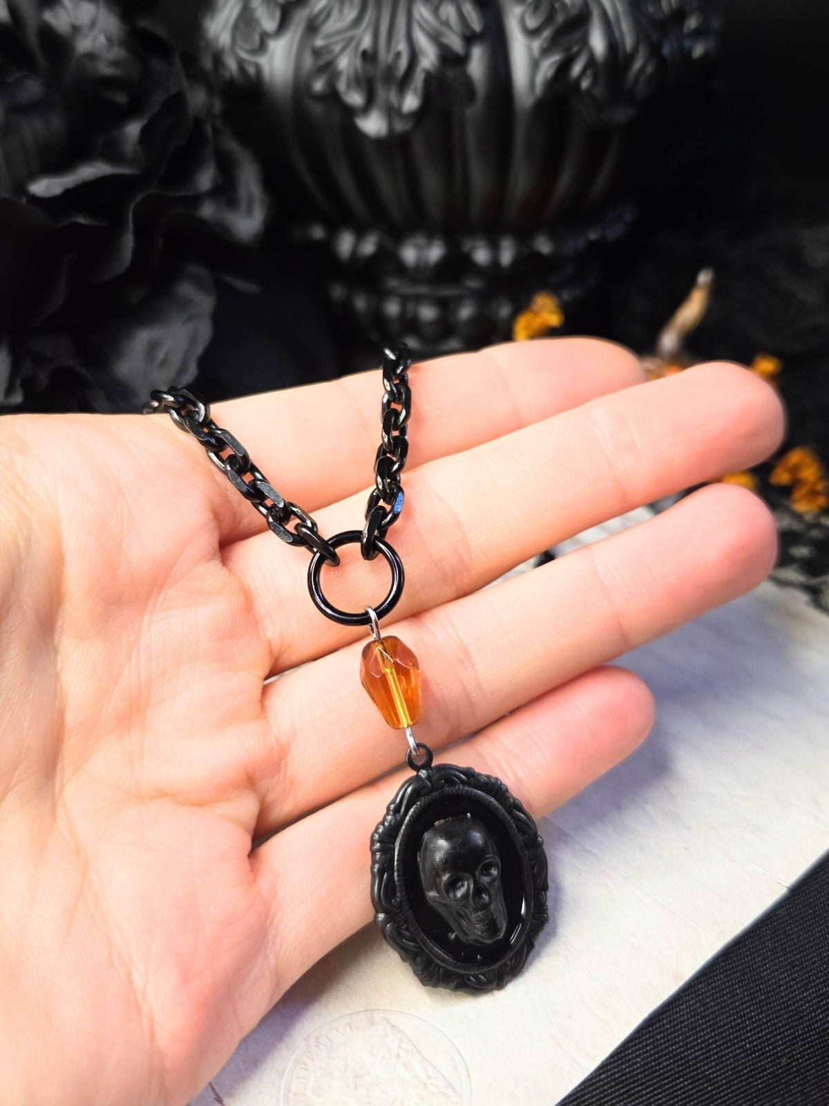Black skull cameo necklace
