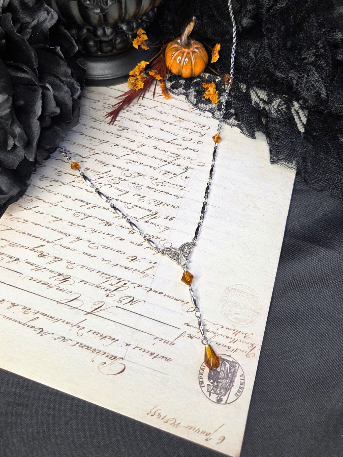 Filigree orange rosary necklace