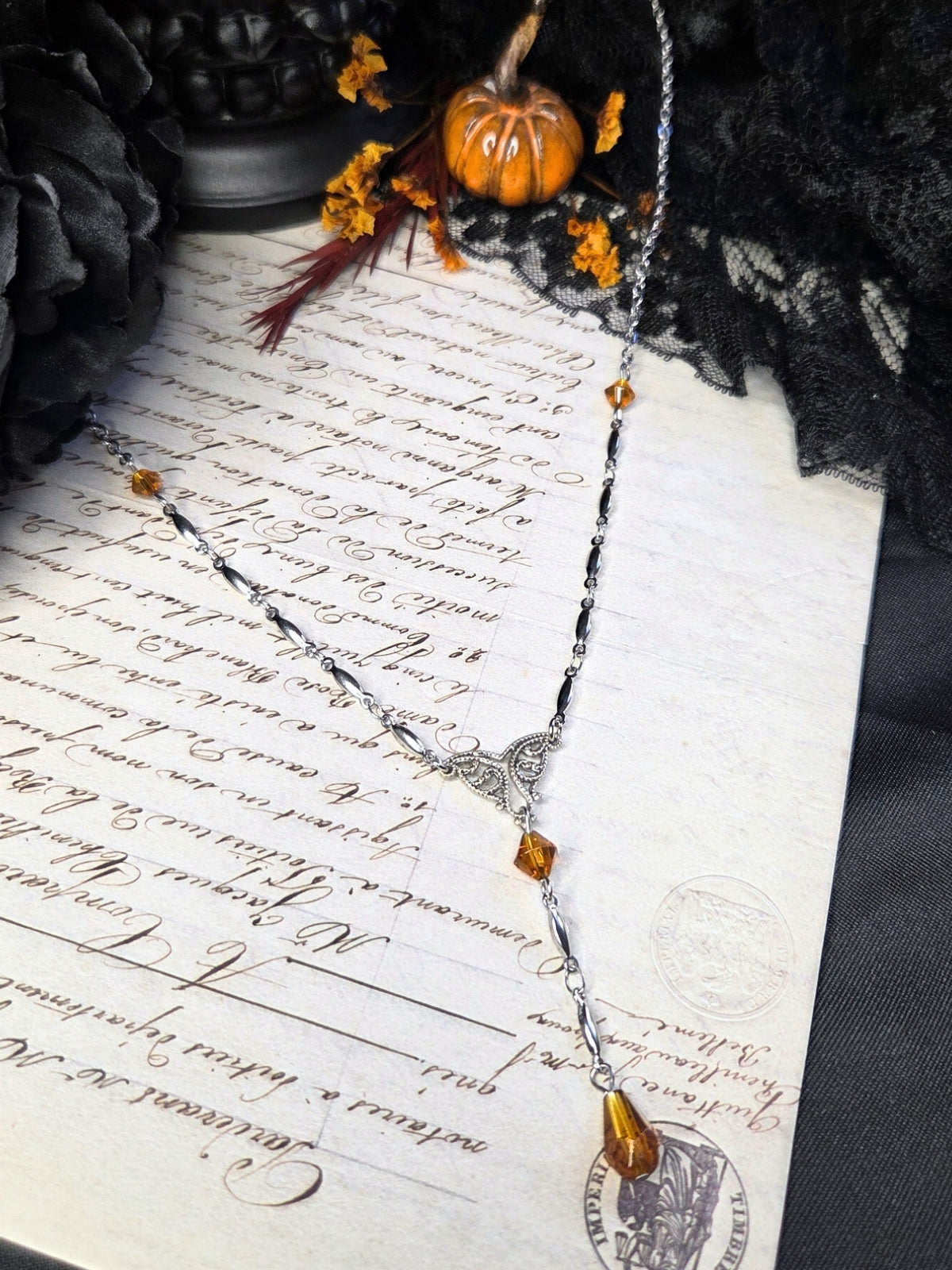 Filigree orange rosary necklace