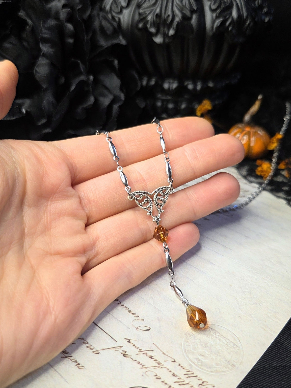 Filigree orange rosary necklace