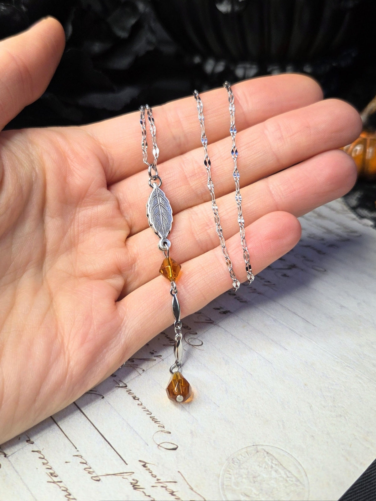 Leaf orange rosary necklace