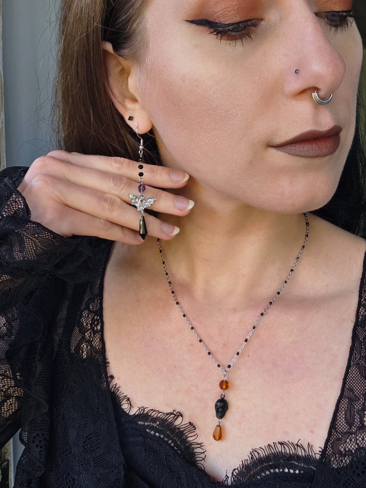 Purple black bat earrings