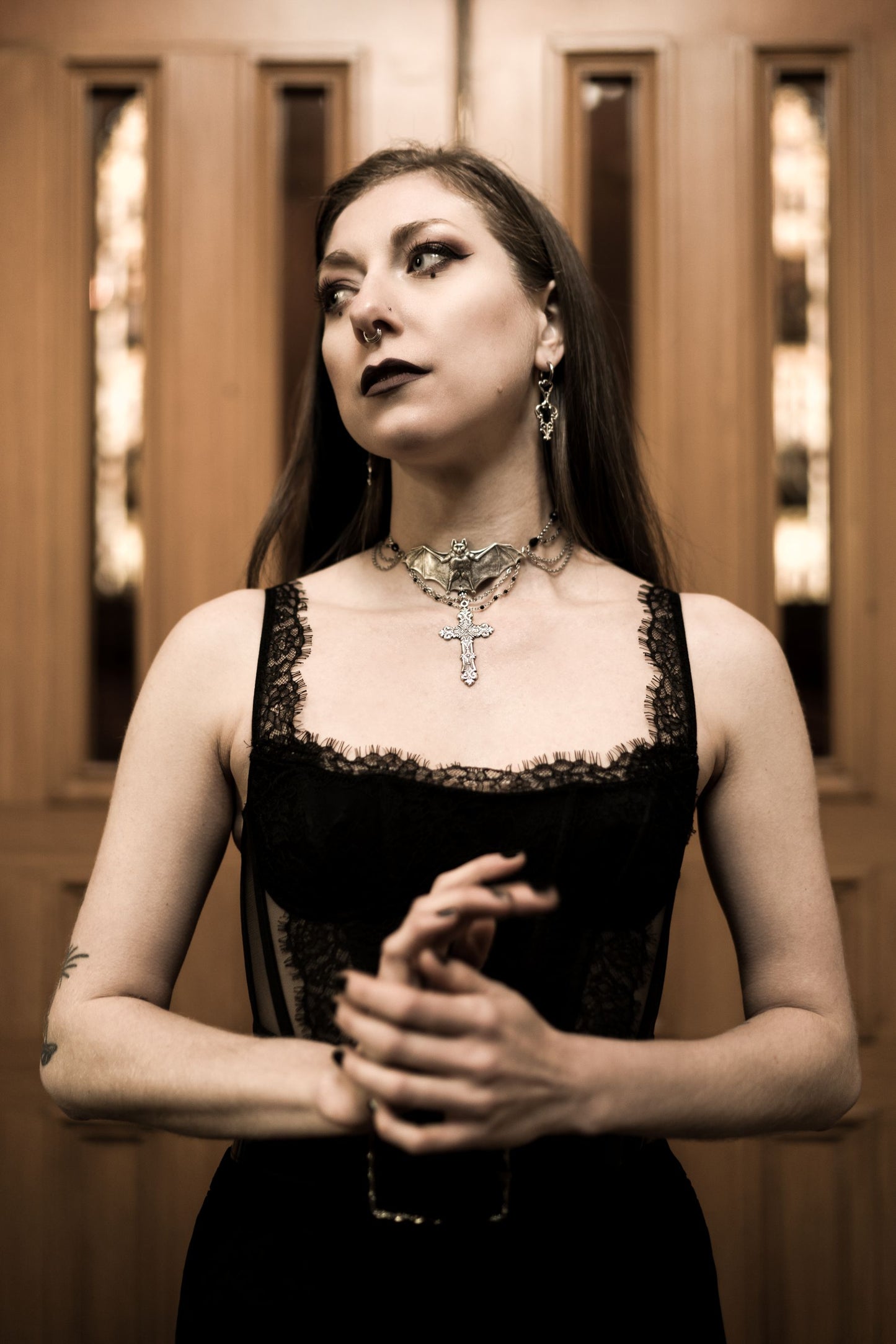 The Bell Tower - Gothic bat and cross necklace