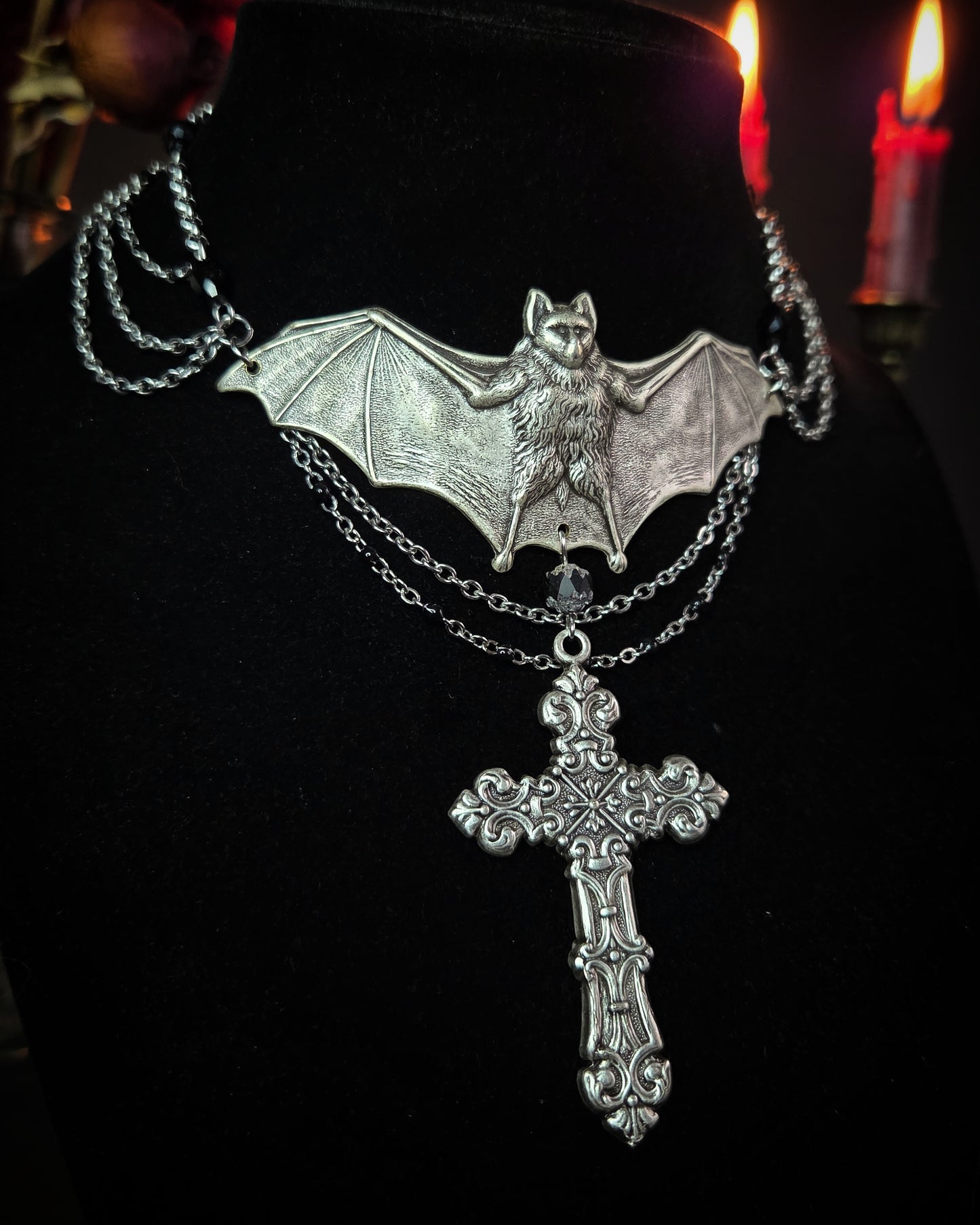 The Bell Tower - Gothic bat and cross necklace