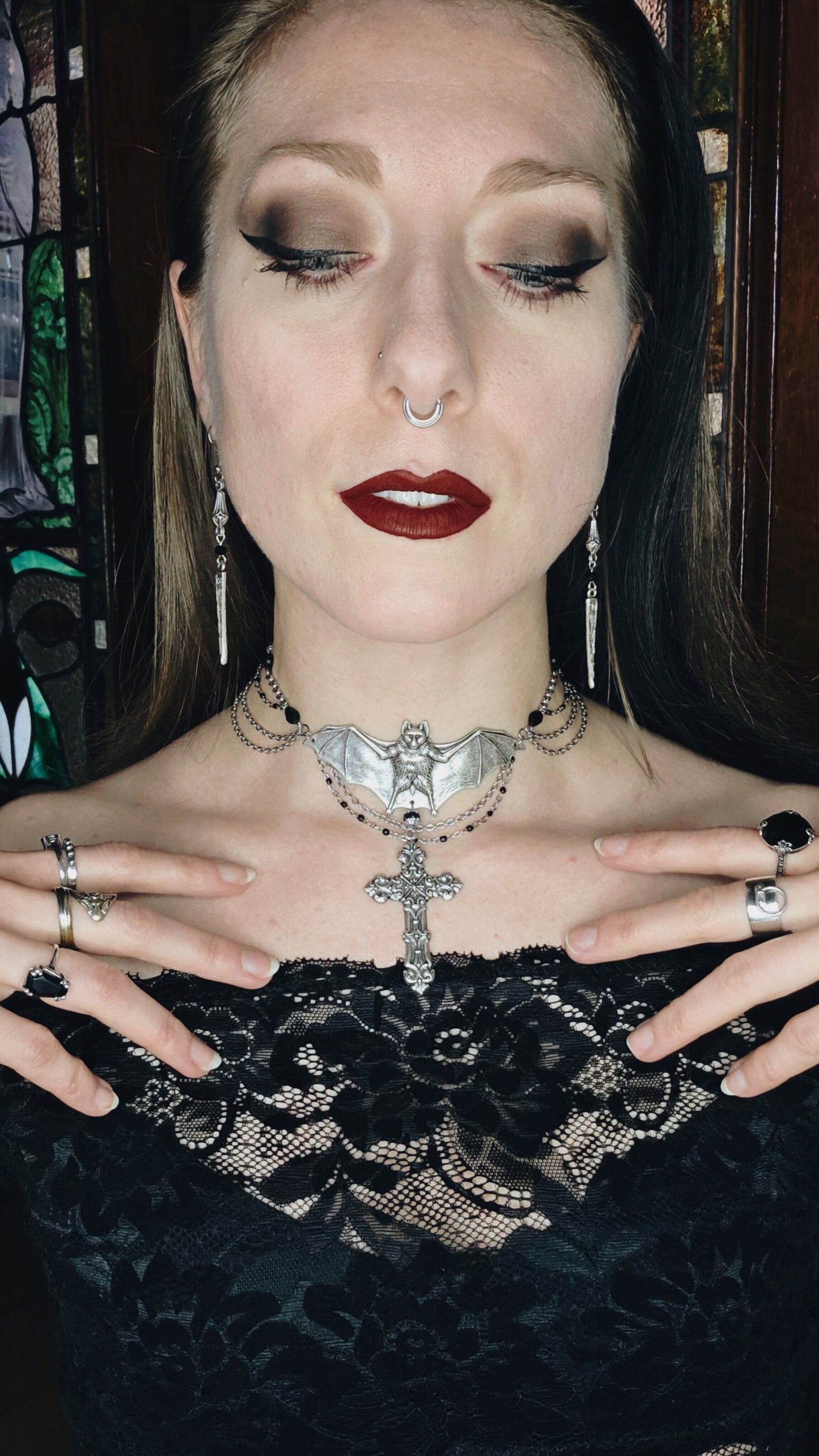 The Bell Tower - Gothic bat and cross necklace