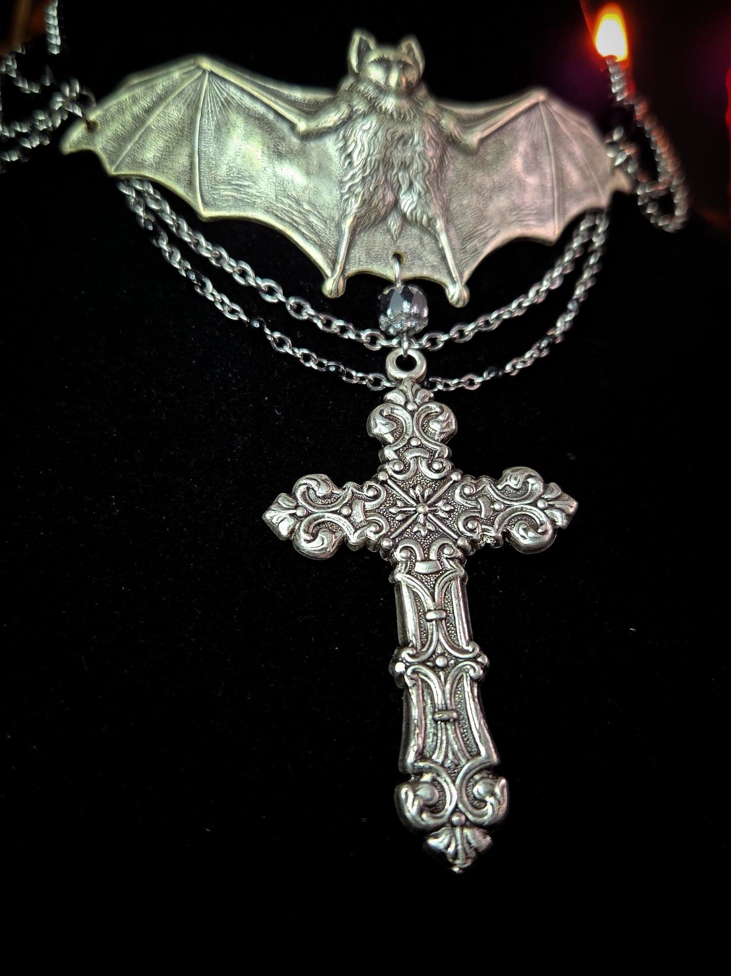 The Bell Tower - Gothic bat and cross necklace