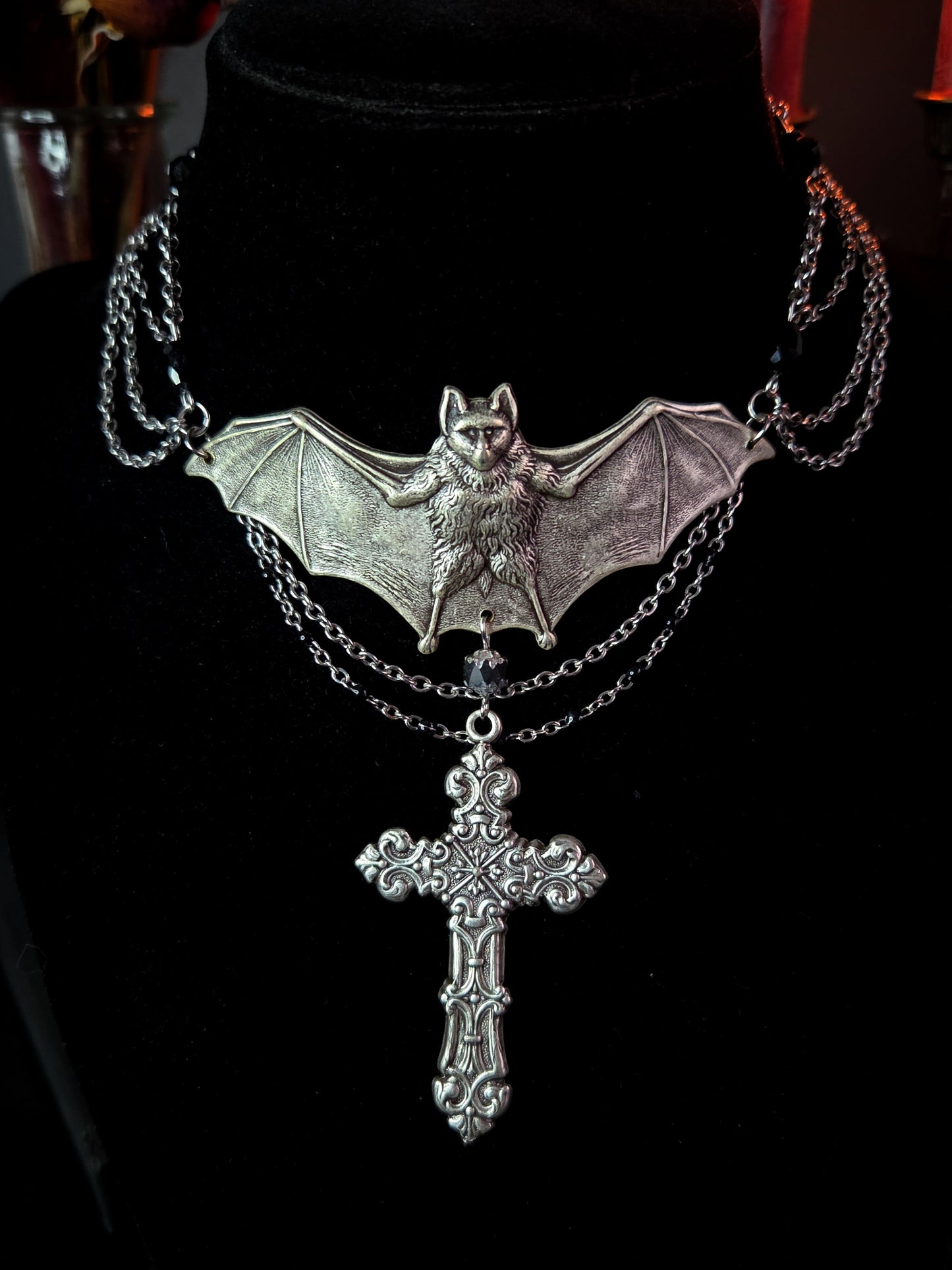 The Bell Tower - Gothic bat and cross necklace