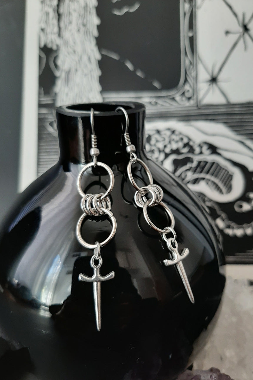Silver chain mail daggers earrings