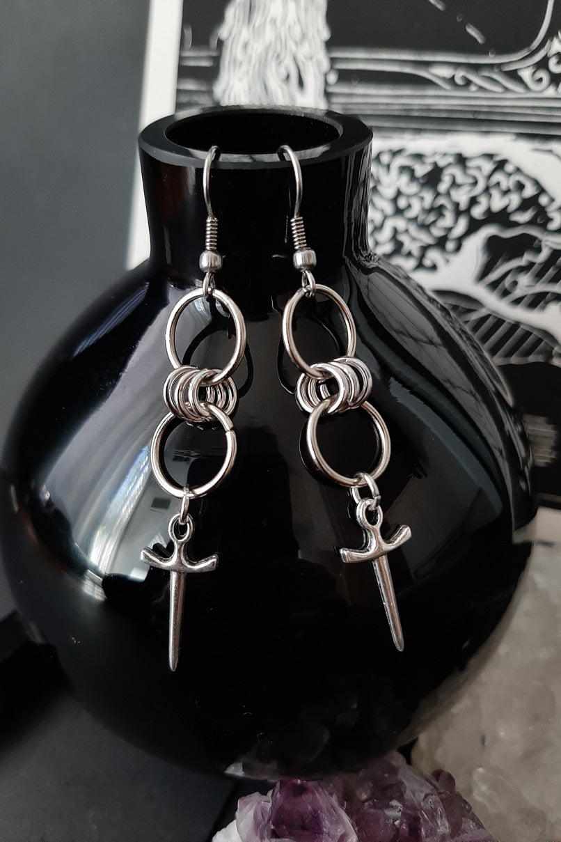 Silver chain mail daggers earrings