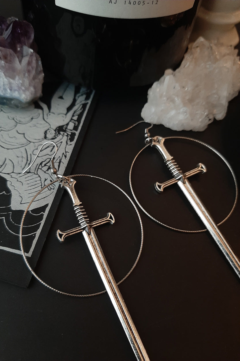Silver swords hoop earrings- Thin hoops