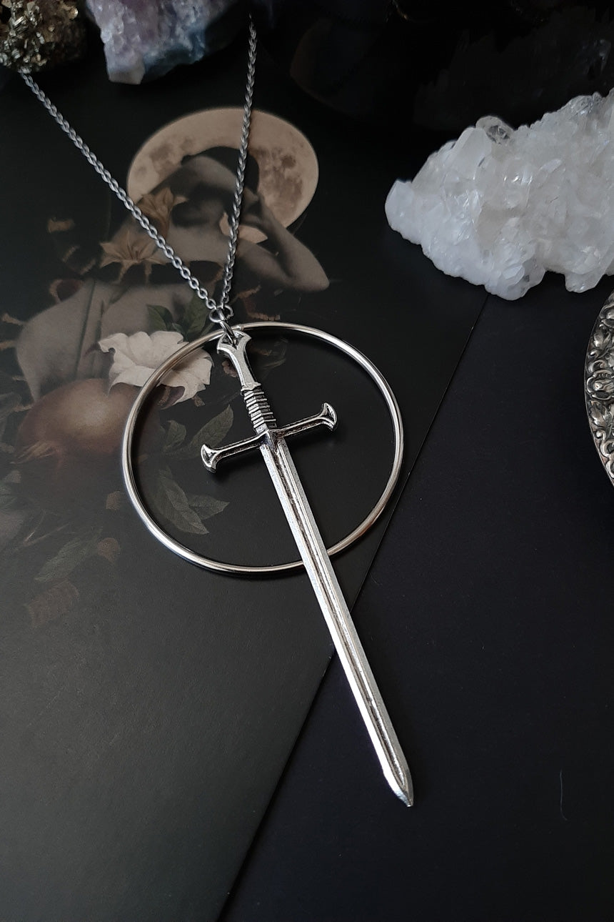 Silver sword hoop necklace