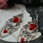 Red Victorian filigree chandelier earrings