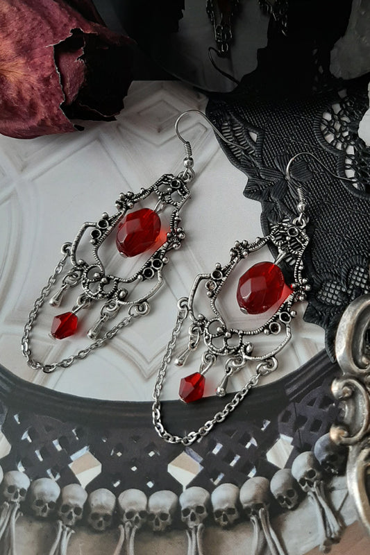 Red Victorian filigree chandelier earrings