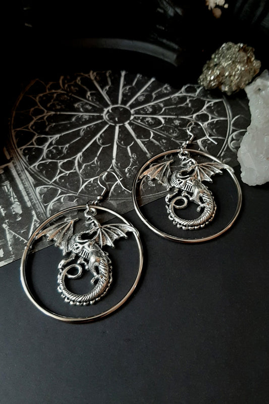 Wyvern dragon silver hoop earrings