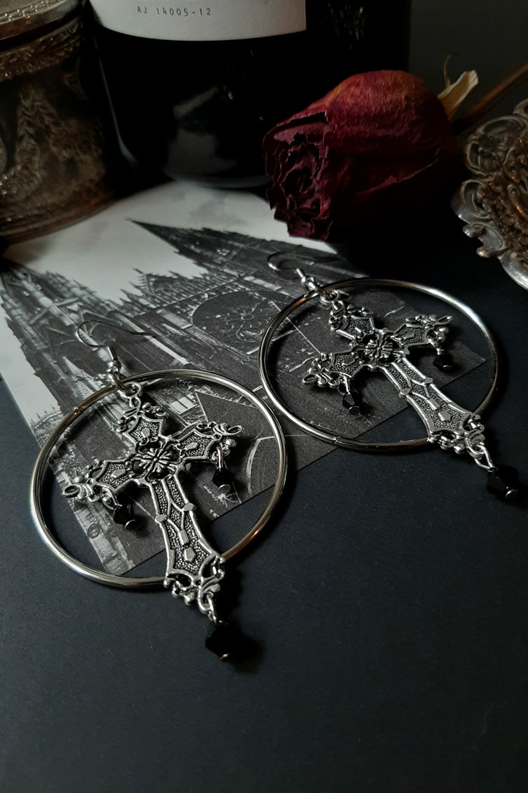 Gothic silver Cross hoop crystals earrings