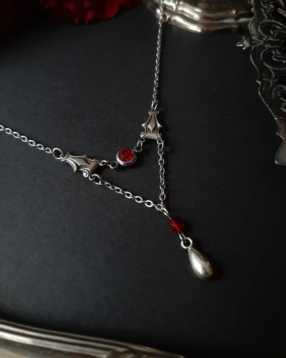 Red garnet gothic architectural drop necklace