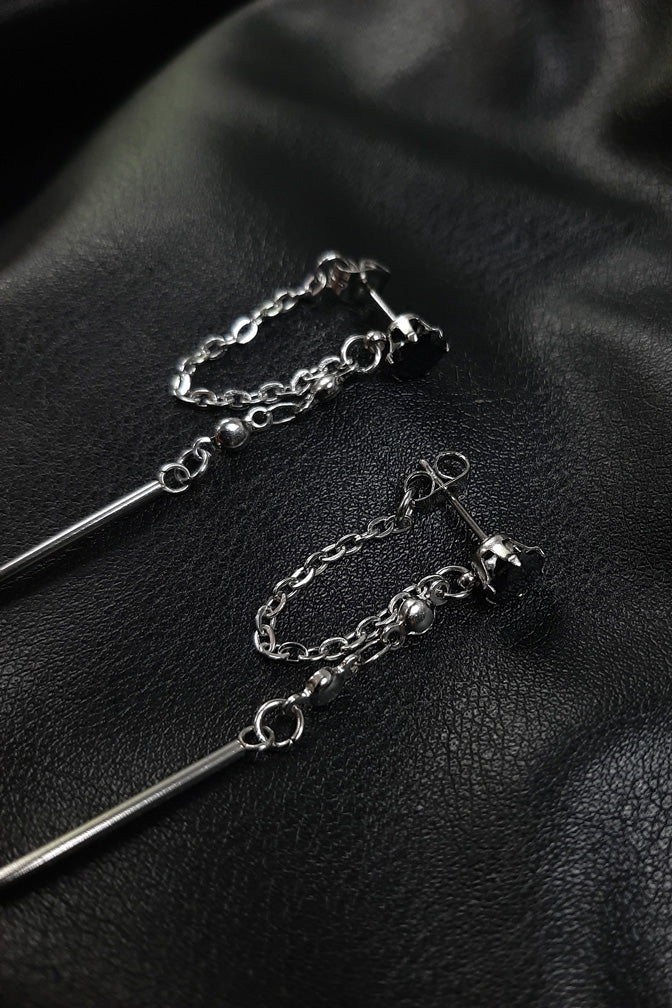 Black zircon bar stud chain earrings