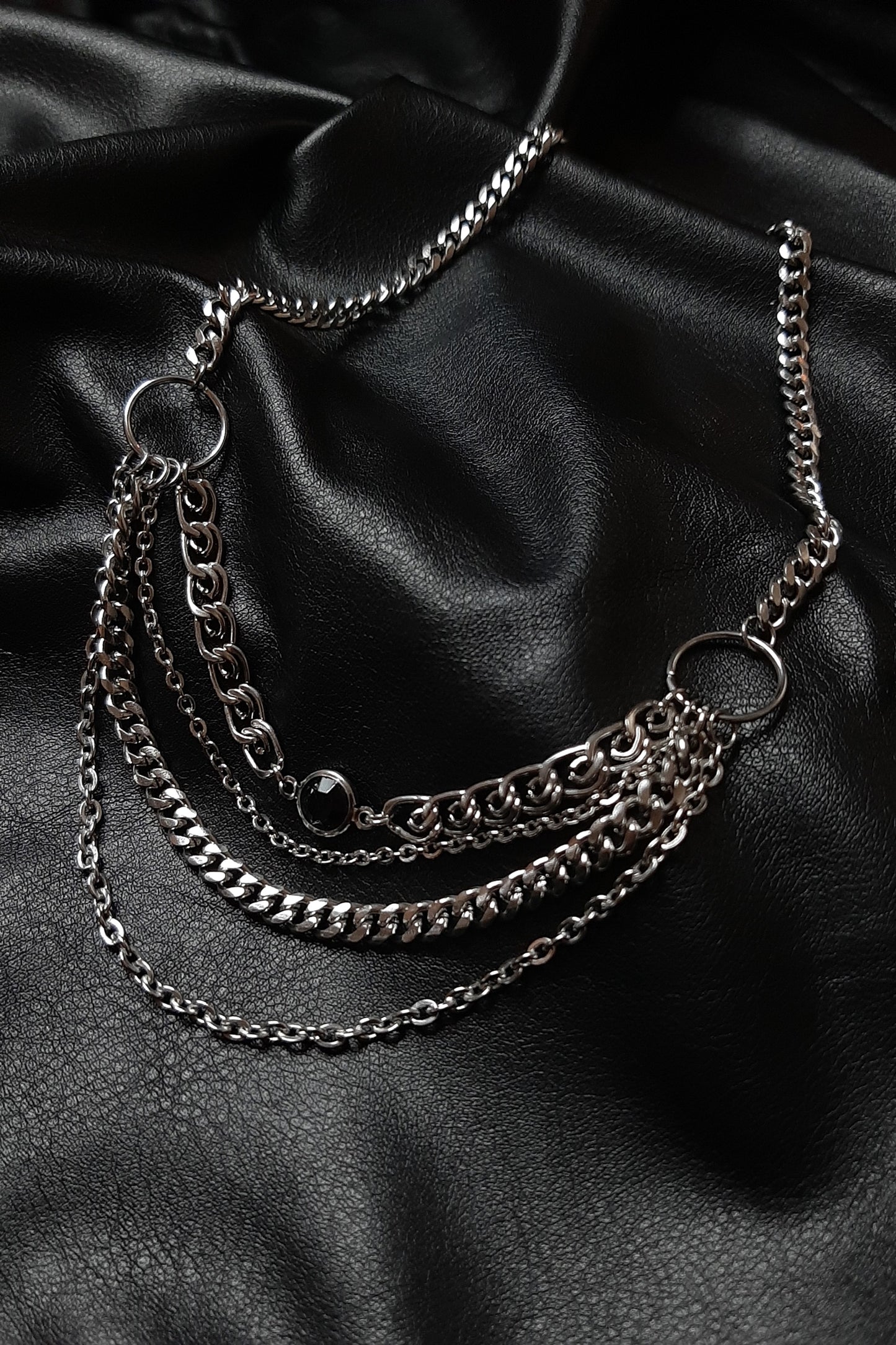 Layered black gem chunky chain necklace